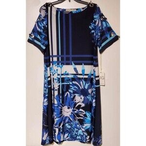 Maria Gabrielle Blue Floral Dress Boat Neck & Cold Shoulder w/ Eyelet Accents 1X